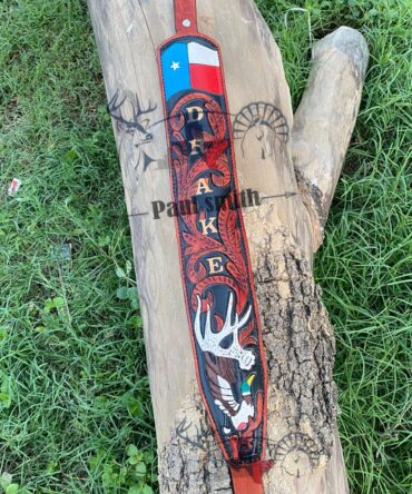 Texas Flag Leather Rifle Sling – Hand Tooled Deer Antler & Duck Design