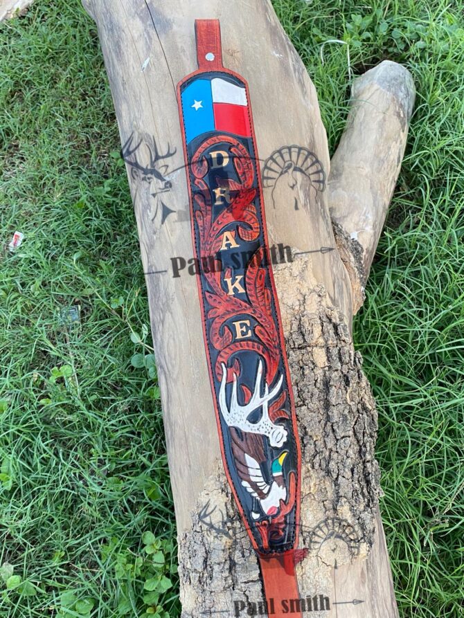 Texas Flag Leather Rifle Sling – Hand Tooled Deer Antler & Duck Design