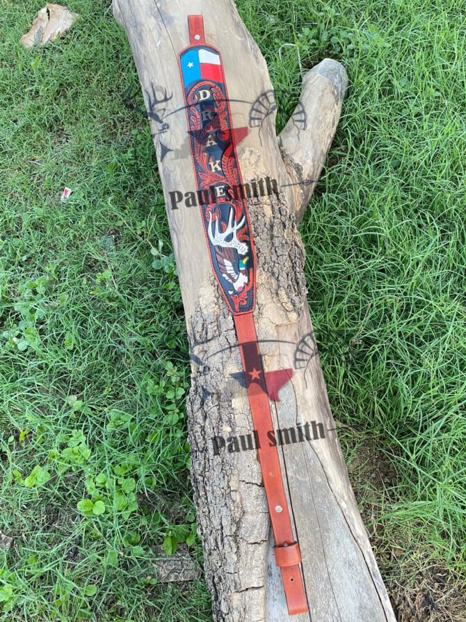 Texas Flag Leather Rifle Sling – Hand Tooled Deer Antler & Duck Design - Image 3