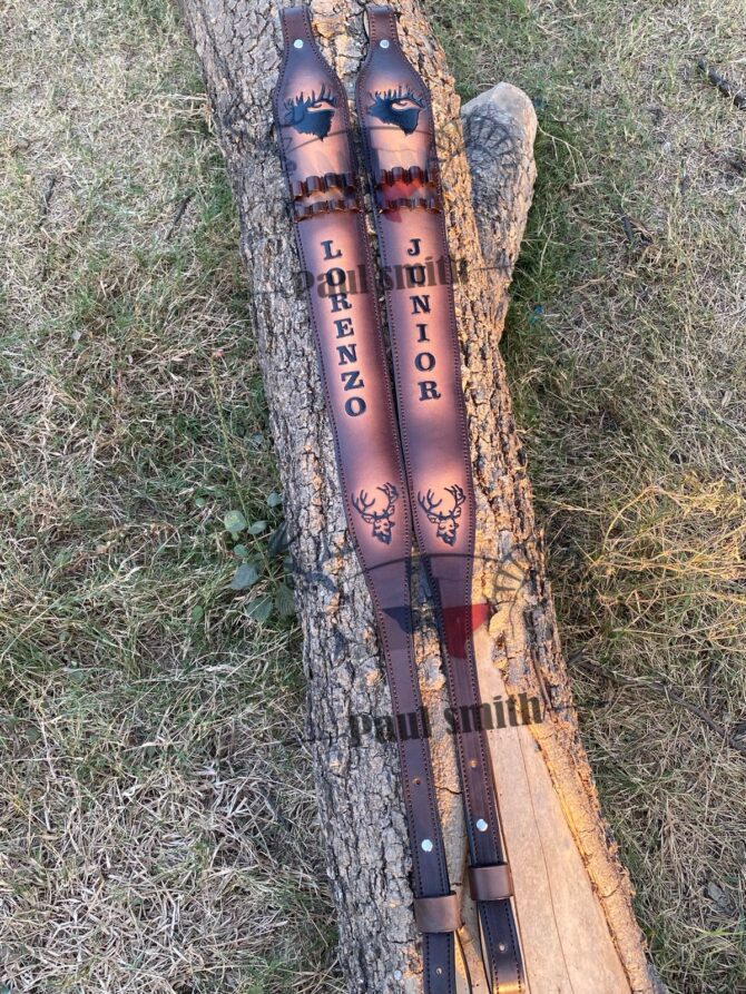 Custom Leather Rifle Sling with Ammo Loops – Hand Tooled Deer Head Design