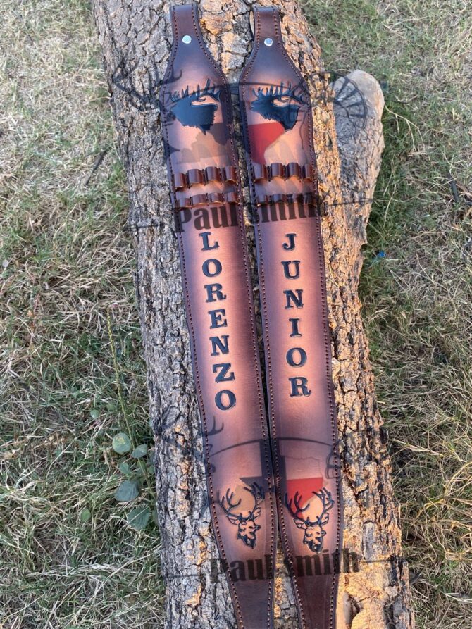 Custom Leather Rifle Sling with Ammo Loops – Hand Tooled Deer Head Design - Image 2