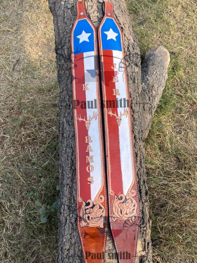 Personalized Texas Flag Leather Rifle Sling – Western Deer & Floral Carving