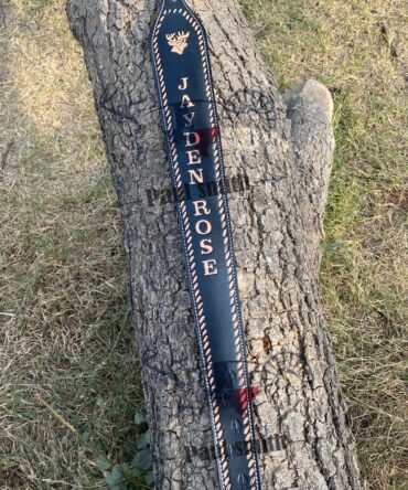 Custom Engraved Leather Rifle Sling – Black with Deer Head Design