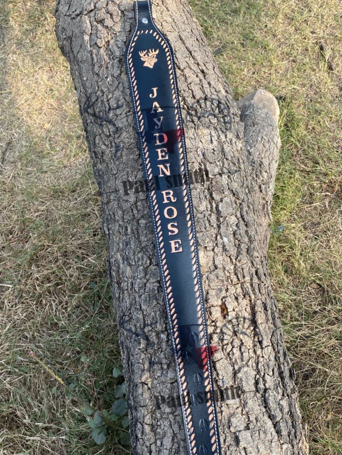 Custom Engraved Leather Rifle Sling – Black with Deer Head Design