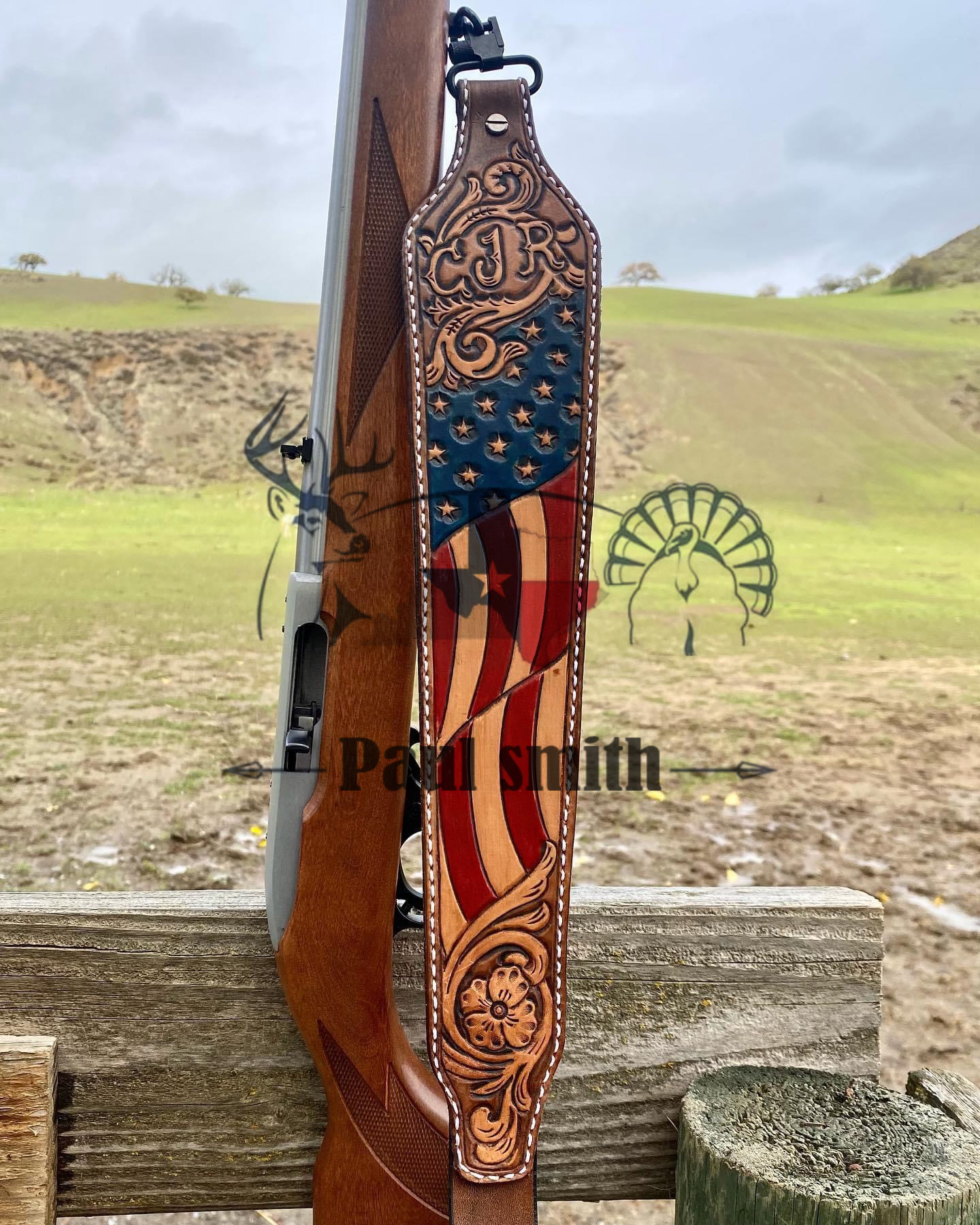 American Flag Leather Rifle Sling –Hand Tooled Floral Design