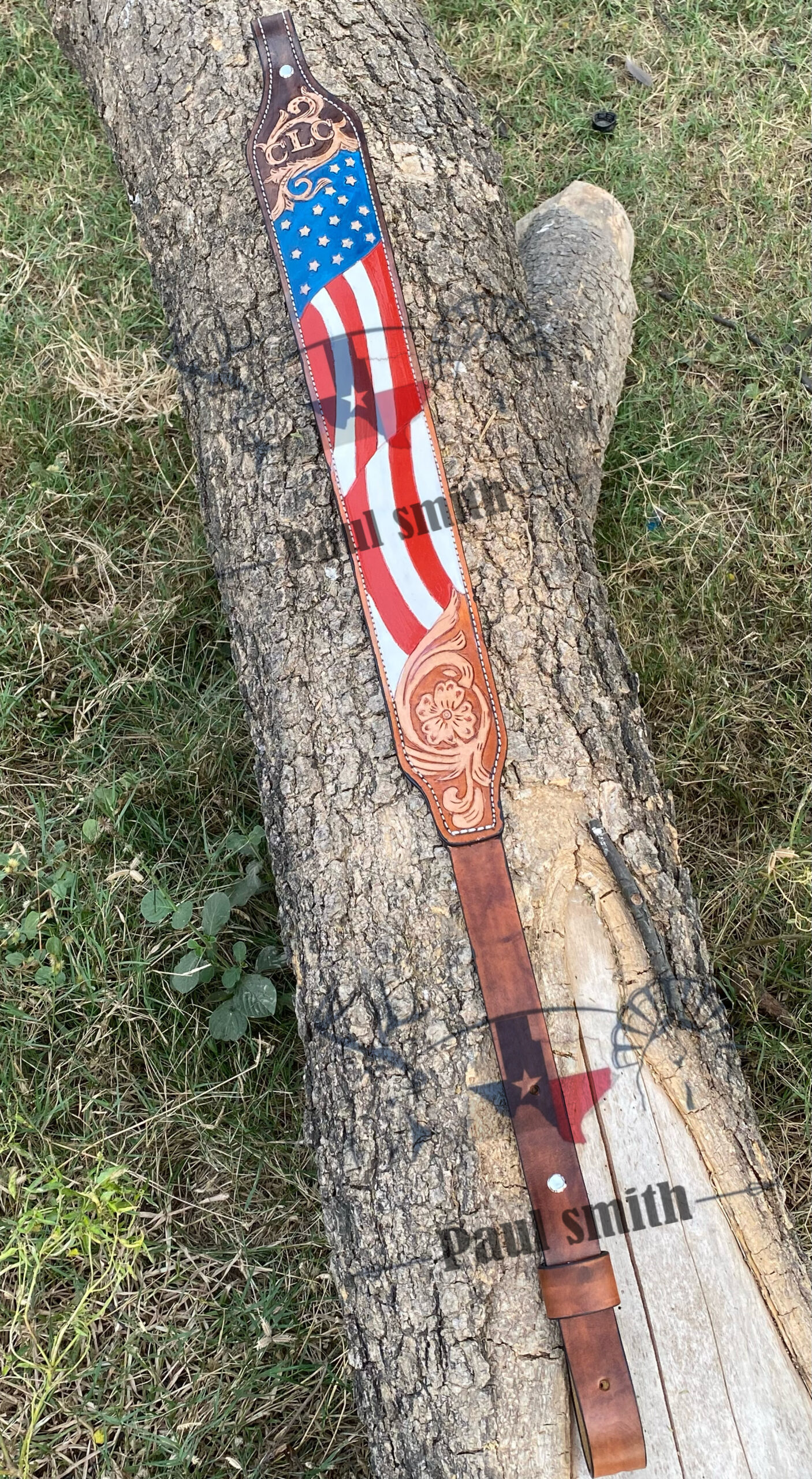 American Flag Leather Rifle Sling –Hand Tooled Floral Design - Image 3