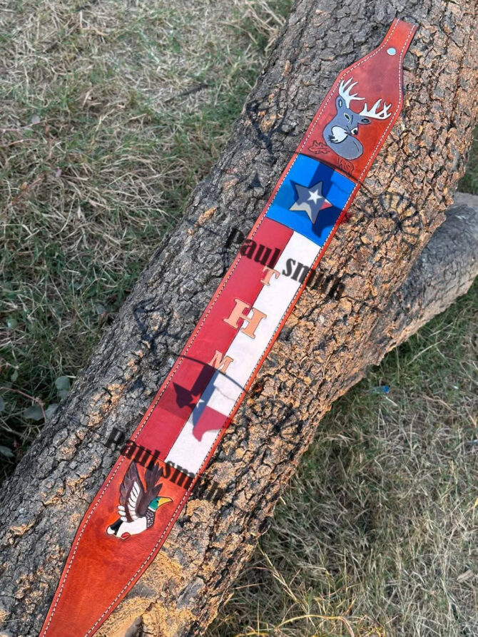 Texas Flag Leader Rifle Sling – Hand Tooled Deer and Duck Design - Image 4