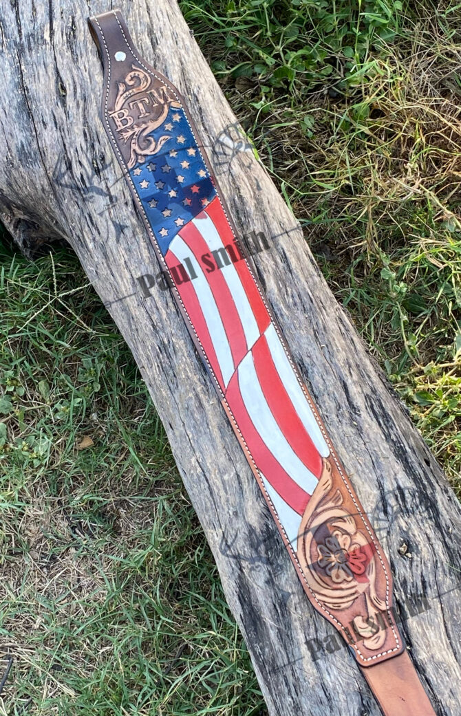 American Flag Leather Rifle Sling –Hand Tooled Floral Design - Image 4