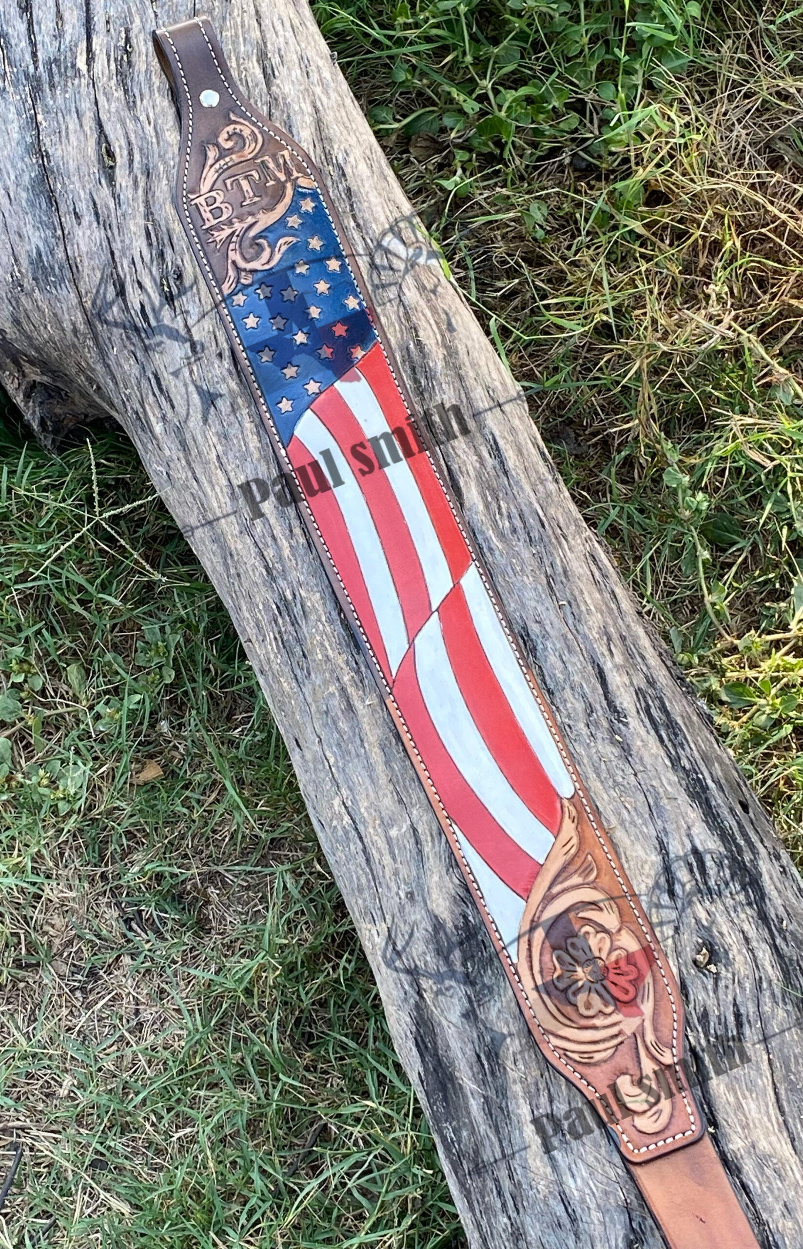 American Flag Leather Rifle Sling –Hand Tooled Floral Design - Image 4
