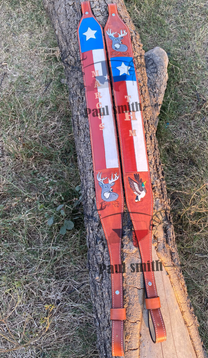 Texas Flag Leader Rifle Sling – Hand Tooled Deer and Duck Design - Image 2