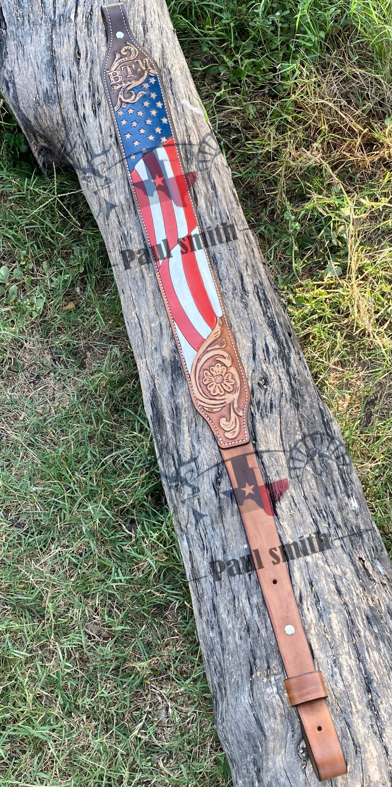 American Flag Leather Rifle Sling –Hand Tooled Floral Design - Image 5