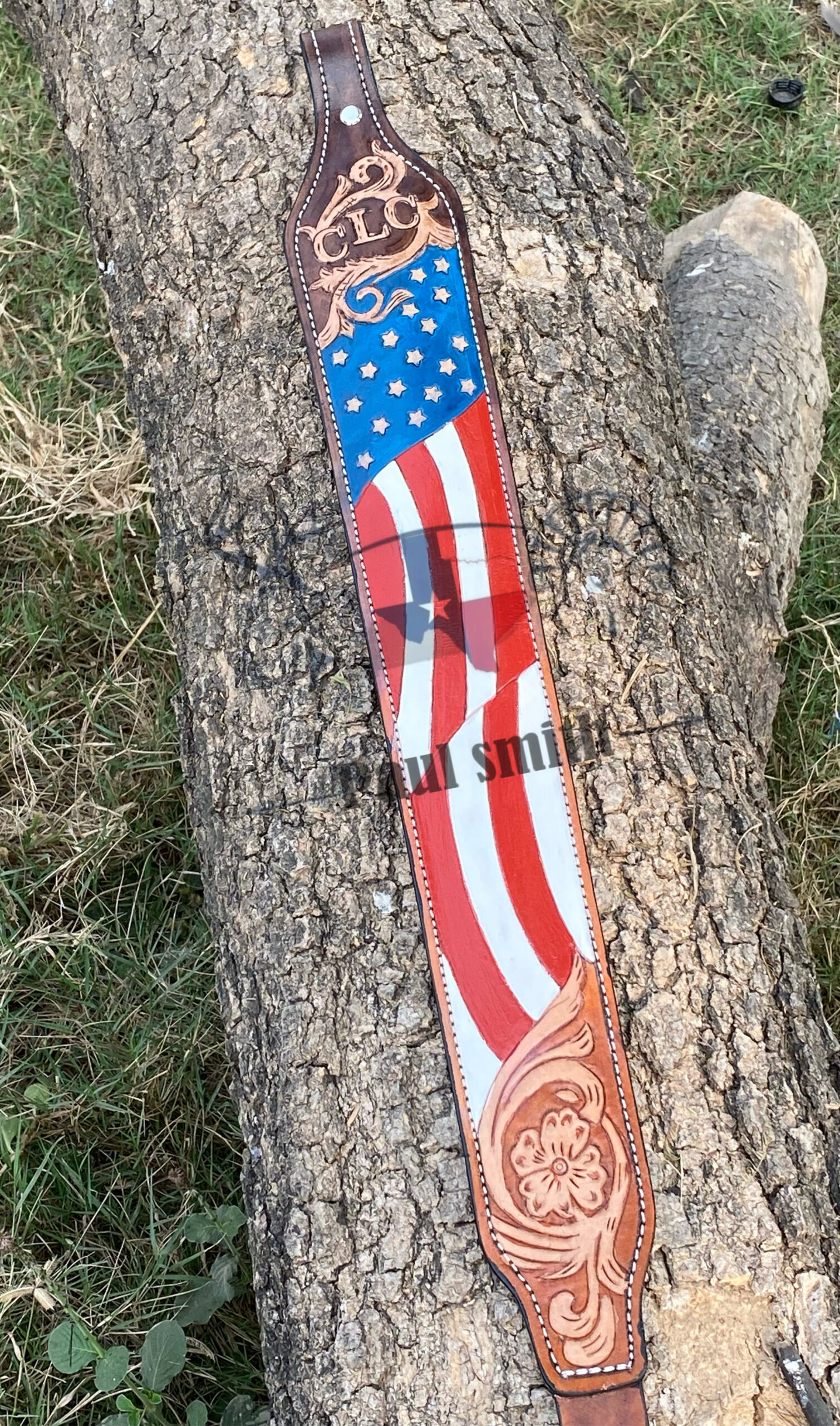 American Flag Leather Rifle Sling –Hand Tooled Floral Design - Image 2