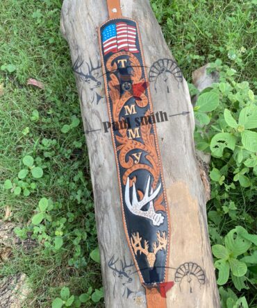 American Leather Rifle Sling – Hand Tooled Deer Antler Design