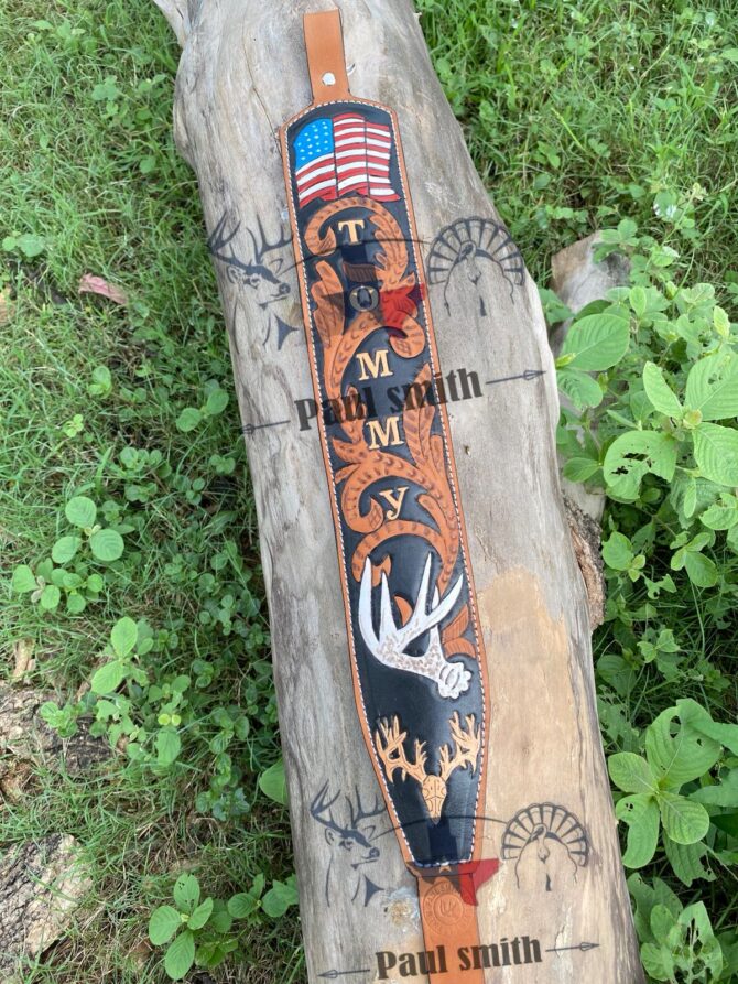 American Leather Rifle Sling – Hand Tooled Deer Antler Design