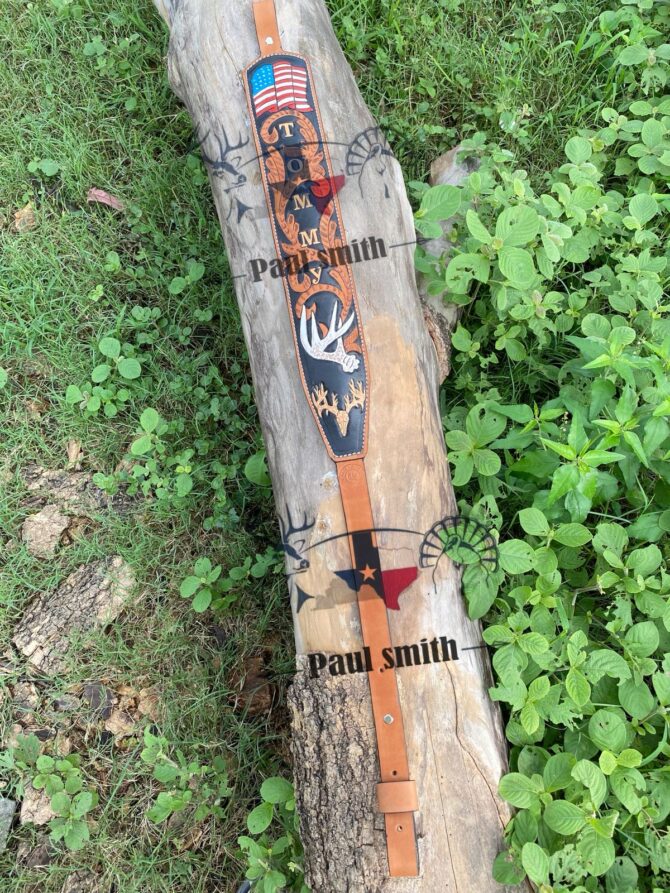 American Leather Rifle Sling – Hand Tooled Deer Antler Design - Image 2