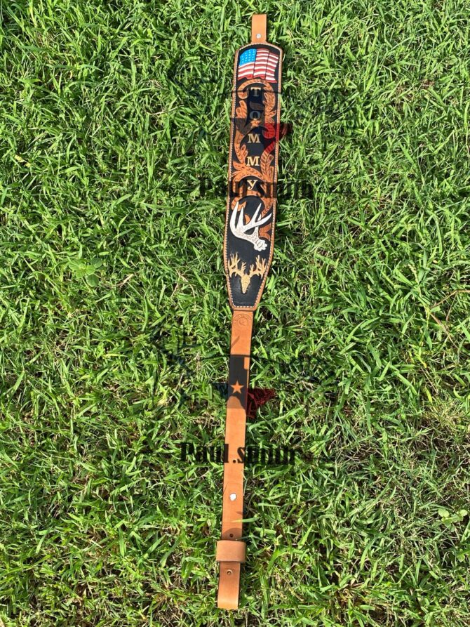 American Leather Rifle Sling – Hand Tooled Deer Antler Design - Image 3